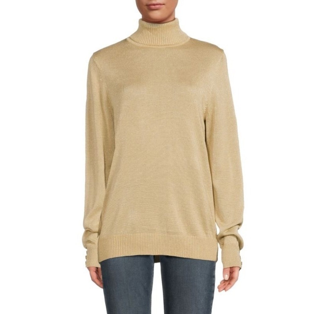 Womens Gold Knit Turtleneck Long‎ Sleeve Sweater Metallic Sparkle Pullover Top